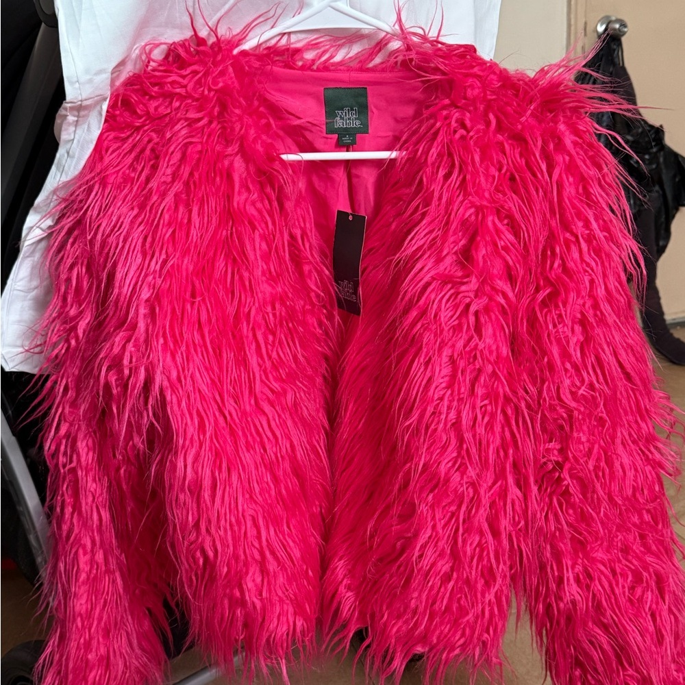 Wild Fable Pink Teddy Jacket with Fluffy Faux Fur Open Front Style